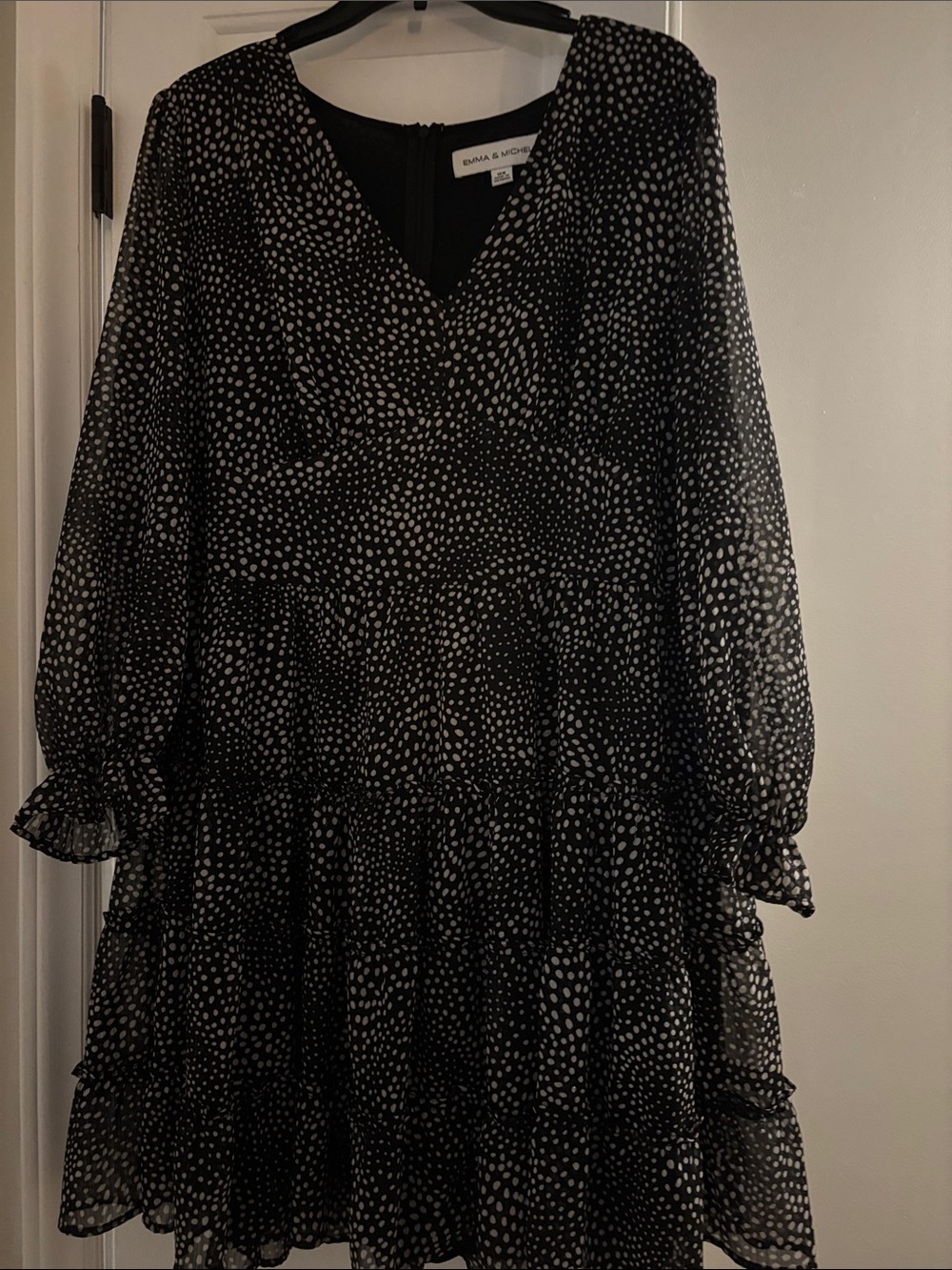 Emma & Michele Black Polka Dot Tiered V-Neck Long Sleeve Dress